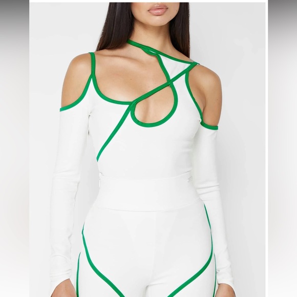 NWT - Maniere De Voir CONTRAST ASYMMETRIC BODYSUIT - WHITE/GREEN - Picture 4 of 8